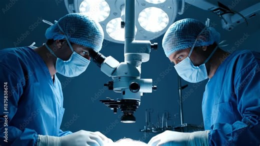 Surgeons perform surgery with microscope in operating room under lights. Medical team uses microscope during surgery. Surgeons work in operating room. Team performs medical procedure together.