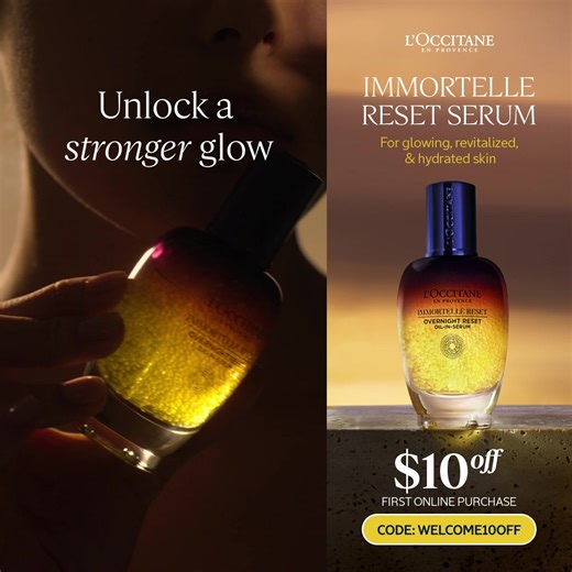 [GLOWING, HYDRATED, REVITALIZED SKIN] Unlock a stronger glow with the Immortelle Reset Serum — 40% more glow and 31% more hydrated skin in just 28 days. This lightweight, fast-absorbing serum boosts your skin’s natural recovery process and shields against environmental stressors with a powerful blend of antioxidants. The result? A complexion that’s glowing, hydrated, and revitalized. 🌟 Enjoy $10 off your first online purchase with code WELCOME10OFF. Shop now: https://sg.loccitane.com/immortelle