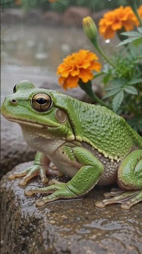 Green Tree Frog in Rainy Marigold Garden! 🐸🌧️ #shorts #nature #flowers
