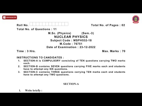 MSC 3RD SEM PHYSICS NUCLEAR PHYSICS DEC 2022 | PTU