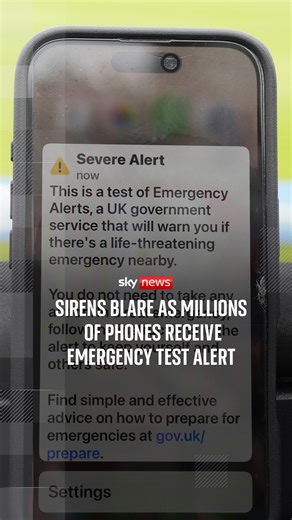 Tens of millions of mobile phones in the UK received a message and sounded a loud alarm in the second nationwide test of the government's public alert system. ⁠ ⁠ The alarm system, which is intended to be used in situations such as extreme weather, flooding, and fires, was first tested in April 2023. | Sky News