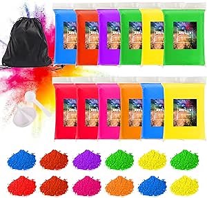 ARELUX Holi Color Run Powder 12 Pack 2.8oz/80g Each Natural Assorted Color Rangoli Powder Bulk, Washable Chalk Paint for Color War, Rangoli, Fun Run, Party & Festival