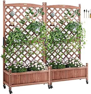 VEVOR 2PCS Wood Planter with Trellis, 60"x13"x61.4" Outdoor Raised Garden Bed with Drainage Holes, Free-Standing Trellis Planter Box for Vine Climbing Plants Flowers in Garden, Patio, Balcony