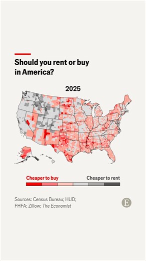 In 2023 our analysis found that soaring prices and interest rates made renting cheaper than buying for most Americans. Today the picture looks different. Our interactive map shows how https://econ.st/46NdyHf | The Economist
