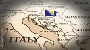 Bosnia and Herzegovina flag showing on world map with 3d rendering