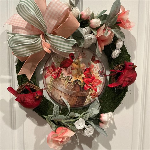 Spring Cardinal Wreath, Peach Floral Garden Door Hanger - Etsy