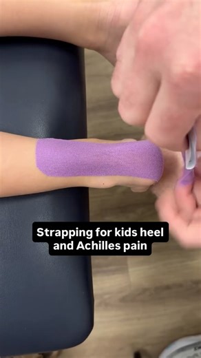 This strapping is perfect if your child is struggling with heel pain, calf pain or Severs. We apply about 70% tension to the long strips of k-tape to decrease stress on the Achilles tendon. This tape can stay on for 2-3 days and can be very effective at reducing pain during sports. | My Family Podiatry