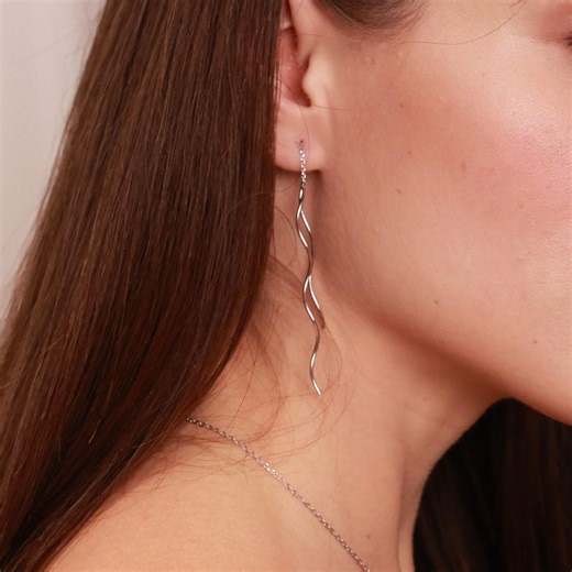 925 Silver Long Threader Earrings With Rhodium Plated, Modern Swirl Form - Etsy