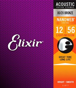 Elixir Nanoweb Coated 80/20 Bronze Acoustic Guitar Strings 11077 Light Medium 12-56