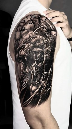 Spartan Warrior & Lion Upper Arm Tattoo | Realistic Black & Grey Panel