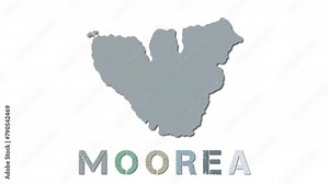 Moorea map with paper regions. Animated island map growing from regions and title letters falling down. Creative 4K animation.