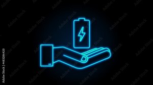 Charging battery with hands. Neon battery charge level indicators. motion graphic