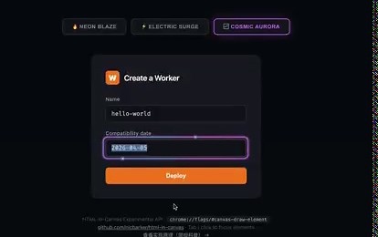 最近看到了 HTML-in-Canvas 这个特性，有外国推友做了一系列的实验，觉得很酷，赶快去学习一下。https://t.co/CrtnIV02Qk注意是实验特性，用 Google Chrome Canary 而且要开 chrome://flags/#canvas-draw-element仿造原推让 AI 做了几个炫酷的 border 特效，觉得真的很强，不仅仅是效果，而是这个理念，HTML-in-Canvas 可以直接把带完整 CSS 的 HTML 元素画进去，不用处理那种非常复杂的布局方式，可以先用 HTML/CSS 写出干净的内容，再在 Canvas 层叠加，开发效率高很多。还让 AI 写了篇原理解释的文章，大家也可以读读：https://t.co/uS0wpydUAJ我觉得这个特性真的是大有可为。