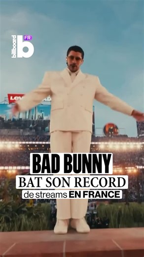 Billboard France on Instagram: "Bad Bunny réalise la meilleure journée en streaming de sa carrière en France. Lundi 9 février, jour de la performance du chanteur portoricain à la mi-temps du Super Bowl, ses écoutes ont fortement progressé dans l’Hexagone. Ainsi, en l’espace de 24h, son catalogue y enregistre plus de 4,3 millions de streams sur Spotify. Cette performance lui permet de battre son record d’écoutes en streaming audio et vidéo en France, selon des données Luminate consultées par Bill