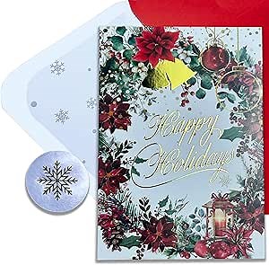 Elegant Happy Holidays Cards - 14 Premium Boxed Christmas Greeting Cards with 3D Embossed Gold Foil, Thick Premium Paper, Red Envelopes with Silver Snowflake Lining, and Durable Silver Foil Stickers - 4x6 Holiday Card Set by Run2Print
