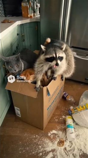 Funny time. Racoon and cat