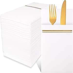Heliltd 100Pcs White Napkins Gold Trim with Pockets Folded Napkins with Built-In Flatware Pocket Linen Feel Dinner Napkins Party Napkins for Wedding Party Bathroom