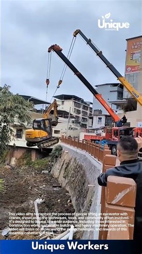 Lifting an excavator with cranes: people lifting an excavator with cranes