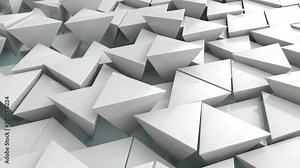 3D animation of an abstract background of many white pyramids, geometric shapes arranged randomly in space. Camera movement is cyclical, uniform, with the possibility of endless, seamless animation.