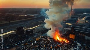 burning of garbage in a factory. a large dump with a boiler for burning waste. flames and smoke from burning waste Stock Video