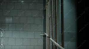 Close up view of corrupt guard smuggling mobile phone to African American inmate through bars of prison cell Stock Video