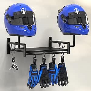 Helmet Rack Wall Mount, Motorcycle Helmet Holder, Plate Rack Display Organizer for Motorcycle Accessories, Gear Storage Rack with 4 Glove Clips, Wood & Metal Stand with 4 Side Hooks, Black