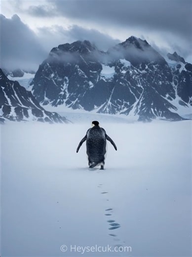Lonely Penguin Walking in Antarctica Towards Mountains