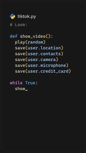 kodx | Creator & Programmer on Instagram: "The coder behind Tiktok... #kodx #python #coding #tiktok Hey, coder, programmer, hacker! Have you ever thought of how much information big tech companies collect? I mean, they don't look through your camera, but it's almost like they know us better than ourselves. What are your thoughts on this topic? Btw, it you're new to this channel, welcome to #kodx ! This is the best place for programmers like you, where not only are you going to laugh with the bes