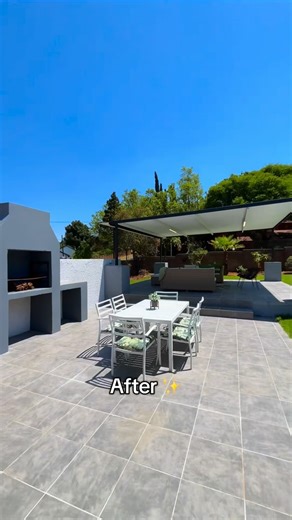 Flipping with Wilma on Instagram: "Flip R Pool & Garden 💦🌿 Went over budget with the exterior spending most of my budget here... Brand new Pool (home owners can budget R80 000+ for a new pool) Bye leaking lapa - Helo Modern Covered Entertainment Beautiful new tiles, fresh grass, tree felling & rubble removal, lots of paint & after 7 weeks its ready for Dezemba 😃☀️🕶️💦 #flippinghouses #renovation #exteriormakeover #propertyinvestment"