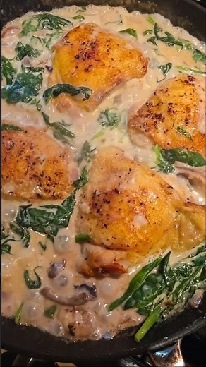 Creamy Mushroom Spinach Chicken Thighs | One Skillet Comfort