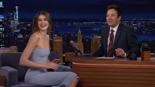 Kaia Gerber on Jimmy Fallon’s Tonight Show where she discusses being interested in acting from a young age and her latest role as Mitzi on the Palm Royale on @appletv. | dna Model Management