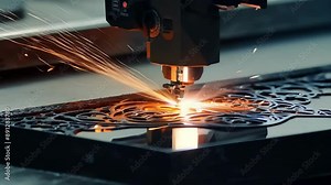 Sparks fly as a laser ter precisely carves out intricate patterns on a piece of metal.