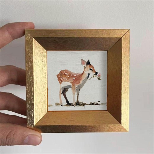 Mini Delicate Fawn & Flower Oil Painting, Hand Painted Original Wildlife Artwork, Gift for Nature Lover, Cozy Animal Gallery Wall Art Decor - Etsy