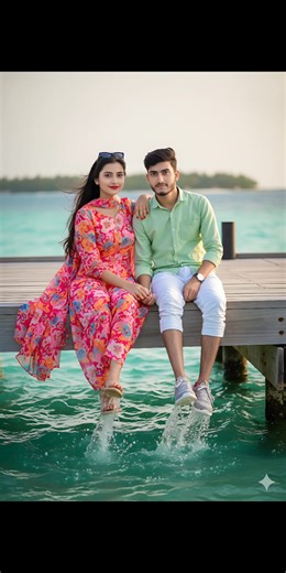 Couple promt � Ultra-realistic 8K full-body portrait, using the uploaded faces 100% exactly, no changes. A 17-year-old boy and girl sit together on a wooden pier in the Maldives, legs playfully splashing the turquoise sea, sparkling sunlight reflections on the water for a lively dynamic effect. Girl: Bright, elegant chiffon colorful suit/salwar, long hair flowing down her back, black Prada sunglasses on her head, subtle makeup, bright red lips, red nails, looking directly at the camera with a so
