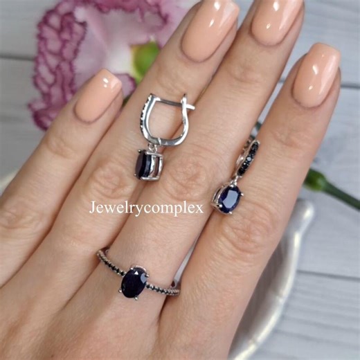 Black Spinel Jewelry Set, 925 Sterling Silver Ring, Natural Blue Sapphire Gemstone Earring - Etsy