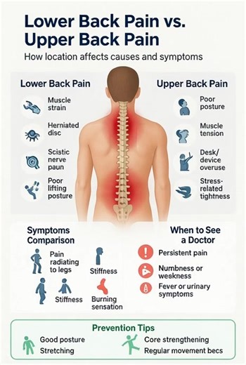 2.1K views | Lower Back Pain vs. Upper Back Pain Back pain is a common health issue, but its causes and symptoms can vary depending on where the pain occurs. Understanding the differences between lower and upper back pain helps identify the source, guide treatment, and know when medical attention is needed. | Health Awareness | Facebook