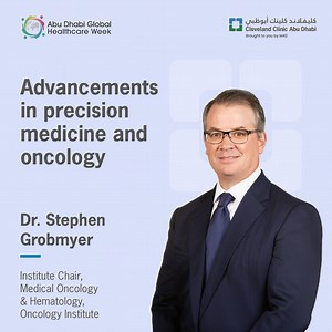 Dr. Stephen R. Grobmyer, Institute Chair of Oncology at the Fatima Bint Mubarak Center #ClevelandClinicAbuDhabi, sheds light on the transformative journey towards proactive health, leveraging precision oncology insights at Abu Dhabi Global Healthcare Week. Through precision medicine and collaborative efforts, we're harnessing molecular signatures to predict and prevent diseases, ensuring patients' well-being and promoting longevity. | Cleveland Clinic Abu Dhabi