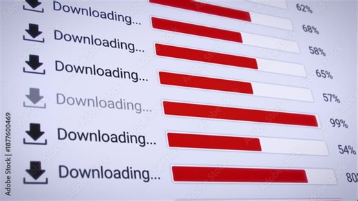 Video animation of the process of downloading multiple files from the Internet on a computer monitor screen. A computer monitor displaying information about the data download in real time, including p