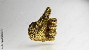 3D animation of emoji thumbs up sign made of shiny gold parts rotating on a light background. Social media. Stock Video