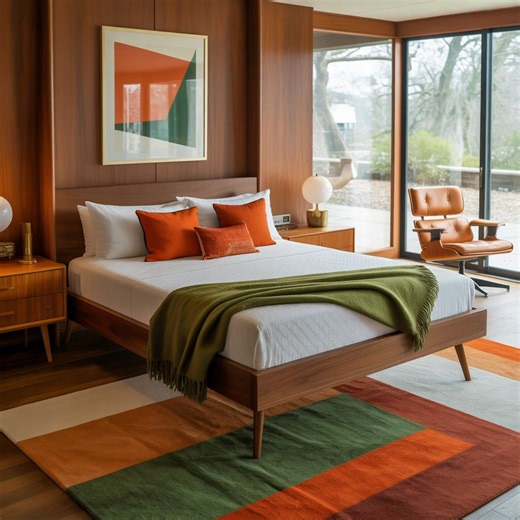 A set of Midcentury Modern interior design concepts featuring a green and orange color scheme | Home Decor Bliss