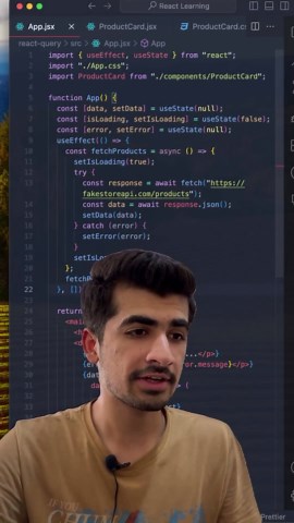 Hasaan Ahmad | Web Developer 👨‍💻 on Instagram: "💫 Stop Using UseEffect for Fetching Data. Use React-Query for data fetching 🚀 Learn React-query in one video 😻 Share with your dev friends. 😾 Follow @hasaandotdev for more 😼 #reactquery #useeffect #datafetching #hasaandotdev #ReactJS #WebDevelopment #JavaScript #FrontendDevelopment #ReactRoadmap #LearnReact #WebDev #StateManagement #CSS #TailwindCSS #UIComponents #ReactLibraries"