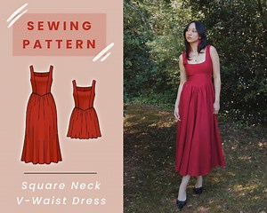 Square Neck V-waist Dress PDF Sewing Pattern With Mini and Midi Options // US Size 00-14 // Instant Download With 4 Printable Sizes - Etsy Canada
