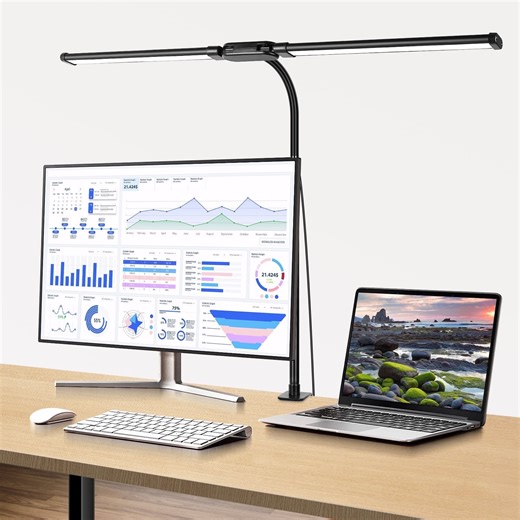 Desk Lamp Clamp Light, Dual Head, Long Clip Light, 5 Modes x 10 Brightness, 12W 960lumen, Office Clamp Task Table Lamp, Black