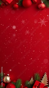 Vertical video Christmas banner with blank space for text, red background, gifts, fir tree branches, red ornaments