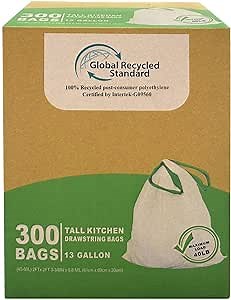TYPLASTICS 300 Count 13 Gallon Tall Kitchen Drawstring Trash Bags, GRS Compliant, Eco-Friendly Recycled Material