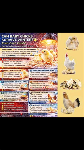 🐣❄️ CAN BABY CHICKS SURVIVE WINTER? 🔥 Cold Care Guide Every Chicken Keeper MUST Know! Short answer: YES — but only with PROPER care ⚠️ Baby chicks are NOT cold-hardy like adult chickens 😨 One mistake in winter can cost their lives 🐣❄️ Here’s the complete winter survival guide for chicks 👇👇 🧠 WINTER TRUTH ABOUT BABY CHICKS 🐣 Chicks cannot regulate body temperature well ❄️ Cold stress weakens immunity fast 🔥 Warmth = survival in early life 👉 Cold chicks fail before you even notice signs!