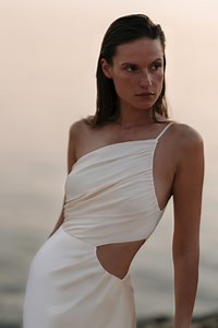 La Lune Asymmetrical Gathered Maxi Dress | Cream | Dresses | Shona Joy