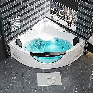 Acrylic Whirlpool Bathtub - Fan Shaped Corner Back to Wall Freestanding Whirlpool Tub, Therapy Hydro-Massage Soaking Tub with Double Pillow Chromatherapy Jets Tub