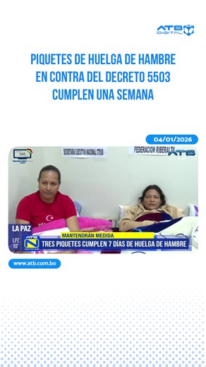 Se cumple una semana desde la instalación de tres piquetes de huelga de hambre en rechazo al Decreto Supremo 5503. Las medidas son protagonizadas por esposas de mineros y miembros del magisterio, quienes exigen la abrogación del decreto y no descartan solicitar la renuncia del presidente Rodrigo Paz. #ATBDigital #ATBNoticias #ATBInforma #Huelga #HuelgadeHambre #Decreto5503 #RodrigoPaz