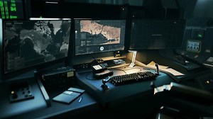 Inside of the army operation control room. Operating the modern software in the army operation control room. Identifying a target location using the military system in the army operation control room.